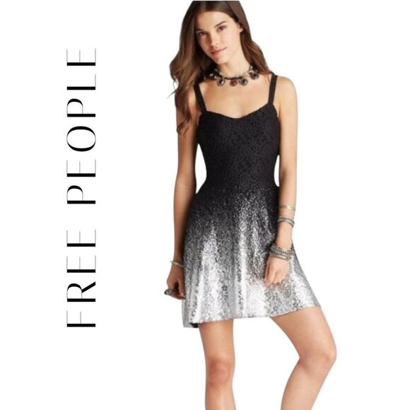 Free People Dresses & Skirts - Free people mini dress black lace Ombré silver Foil metallic xs